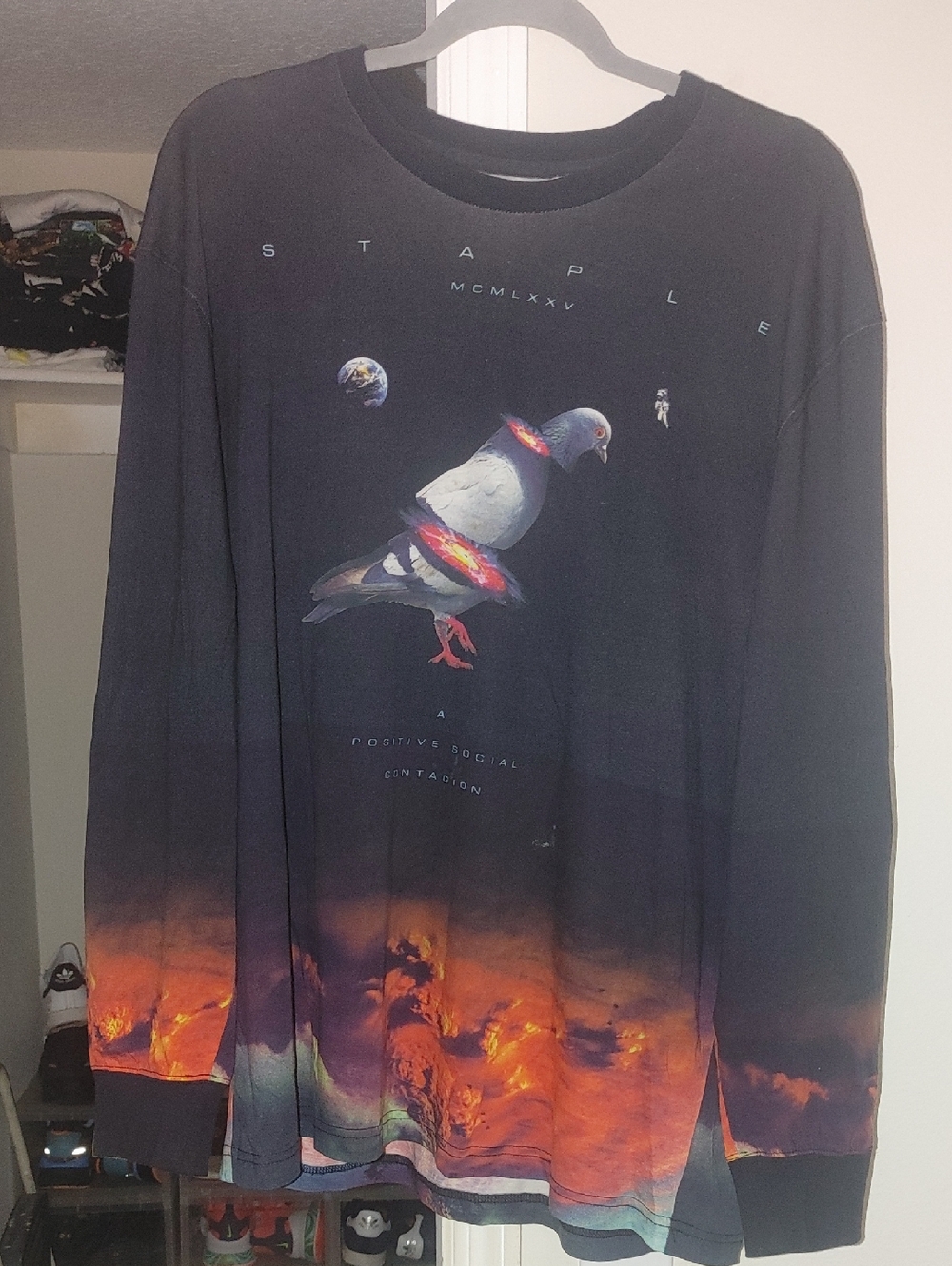 Staple Black Long Sleeve Tee with Orange and Purple Sunset Pigeon Graphic